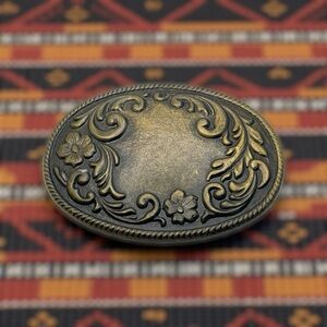 Vintage Western Style Floral and Scroll Brass Oval Belt Buckle